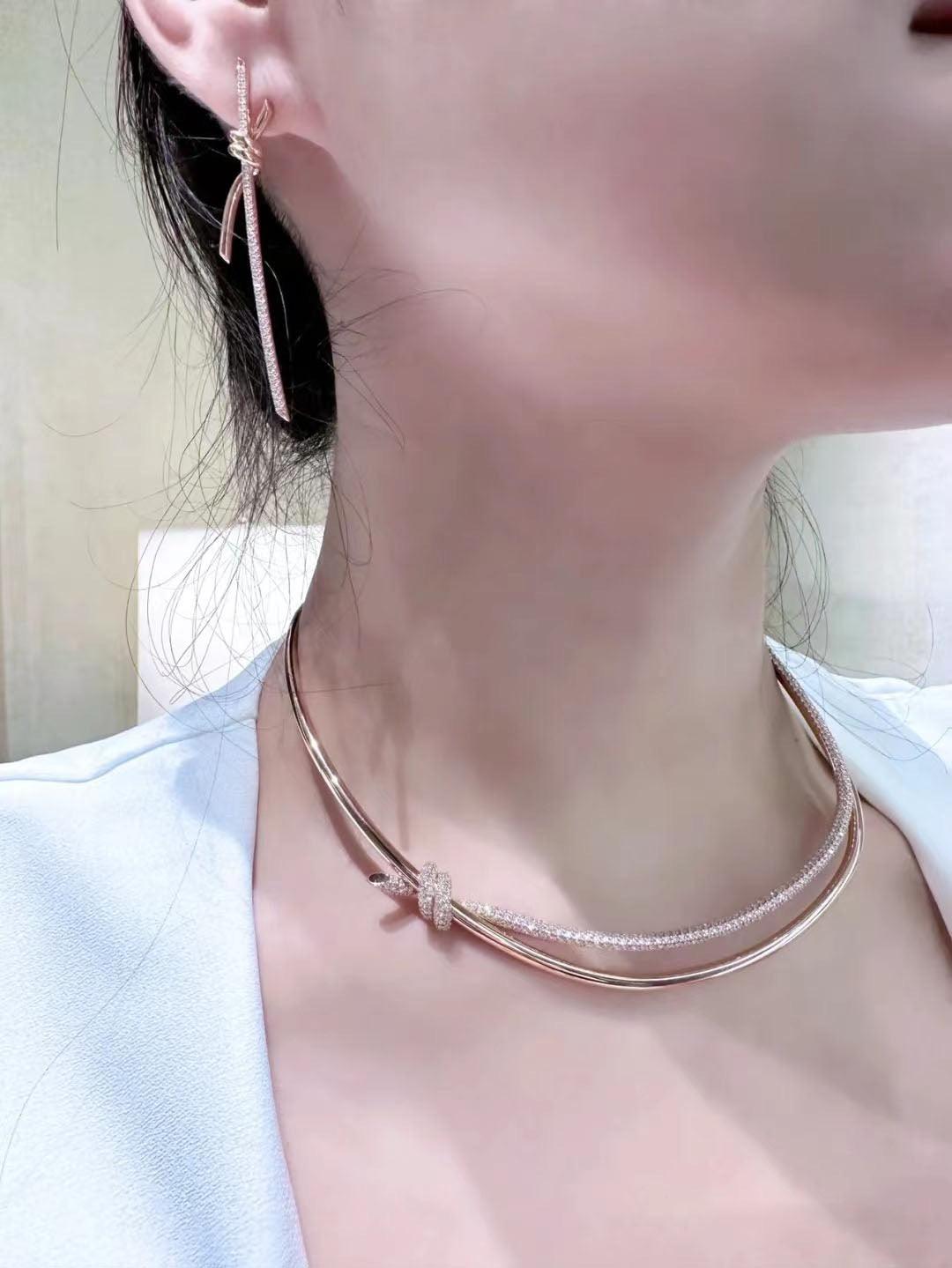 Tiffany&Co 18K Gold Plated Knot Double Row Necklace with Diamonds ✨ - buyonlinebehappy