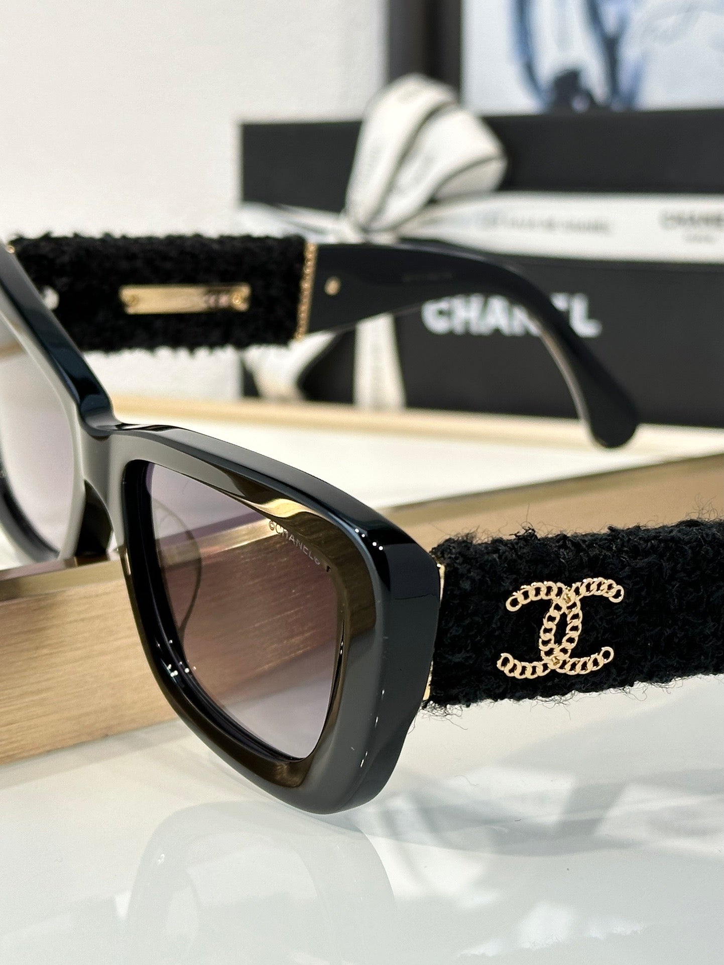 CHANEL 5514 Rectangle Sunglasses Acetate & Tweed Black & Gold frame 5 Colors ✨ - buyonlinebehappy