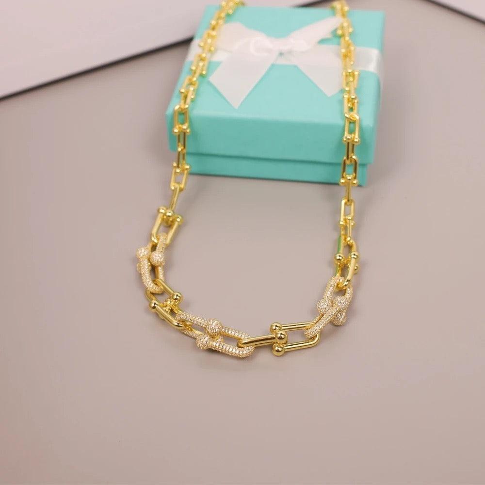 Tiffany&Co 18k Gold Plated Jewelry For Women Long Lock graduated link Necklace in yellow rose silver with Pavé Diamonds - buyonlinebehappy